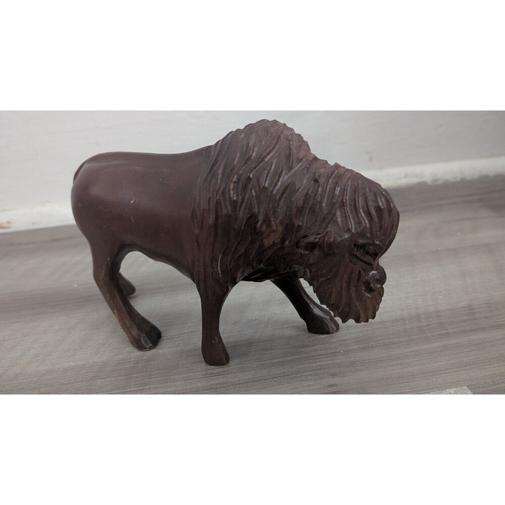 Hand Carved Ironwood American Buffalo Bison Figurine Sculpture